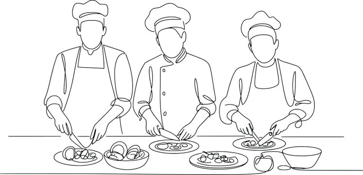 Three chefs preparing food together in a kitchen line art sketch style
