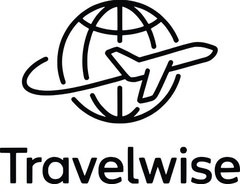 Travelwise logo airplane orbiting globe global travel concept modern simple design