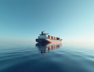 Large cargo ship loaded with colorful shipping containers perfectly mirrored on a tranquil open sea beneath a clear blue sky in soft morning light
