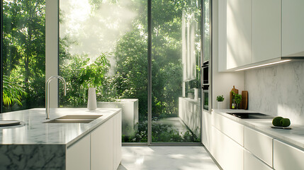 Bright kitchen interior with large windows overlooking green vegetation