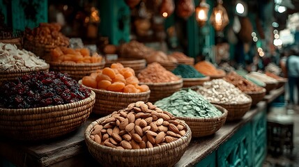 Fototapeta premium Authentic moroccan market with dried fruits nuts and spices for sale traditional bazaar food photography