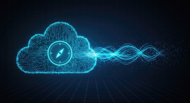 Digital cloud with a compass inside, emitting glowing blue waves and particles against a dark background.