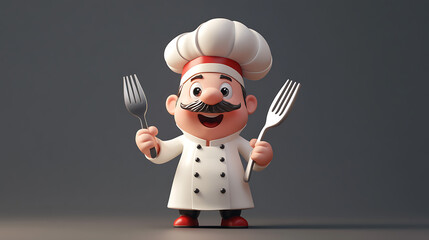 Cartoon chef holding two forks with a mustache and white chef hat on head