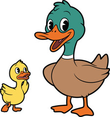 Cartoon ducks, parent and child, cute animals, green duck, yellow duckling, vector illustration, family moment, bird characters, playful pose, expressive faces