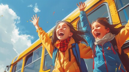 Two girls excited near yellow school bus