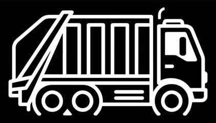 Black and white illustration of a garbage truck icon in a minimalist style on a black isolated background. Vector graphics. EPS.