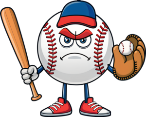 A grinning cartoon baseball mascot character holding a bat and a glove ready to play ball