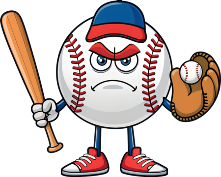 A grinning cartoon baseball mascot character holding a bat and a glove ready to play ball