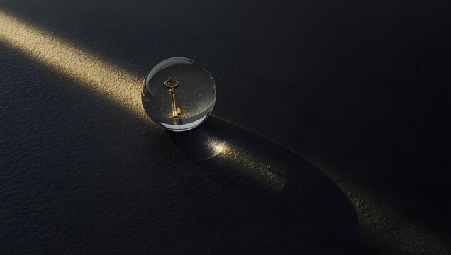 Conceptual image of a key inside a glass sphere, symbolizing unlocking potential and finding solutions in the darkness