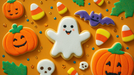 Fototapeta premium Halloween Sweet Treats Delight: An enticing top-down shot showcases a delightful ensemble of whimsical Halloween-themed cookies on an orange backdrop, perfect for evoking spooky festive glee.