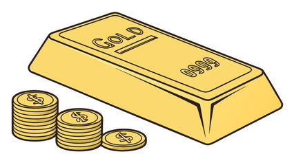 A solid gold bullion bar with stacks of gold coins featuring dollar signs in a clean graphic illustration