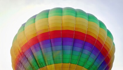 Obraz premium colorful hot air balloon from below vibrant rainbow stripes in the sky close up shot for travel or adventure backgrounds