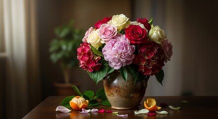 Roses with peonies, and hydrangeas bouquet.