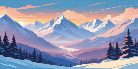 Golden light on snow-covered mountain peaks at sunset, a panoramic winter landscape