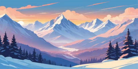 Selbstklebende Fototapeten Blue Jeans Golden light on snow-covered mountain peaks at sunset, a panoramic winter landscape  © nur