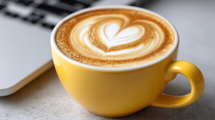 A yellow coffee cup with a heart design on it sits on a table next to a laptop