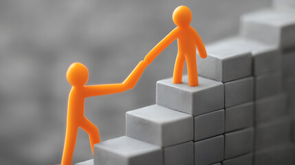 Orange figures climbing stairs with one helping the other to ascend up