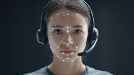 Professional woman with headset using facial recognition technology in a modern digital workspace for virtual communication and customer support solutions