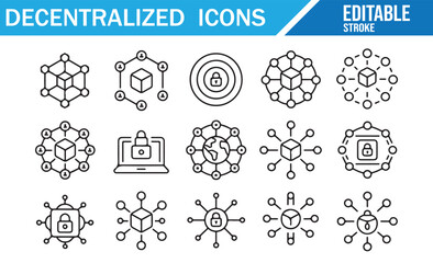 Decentralized Network and Blockchain Technology Icons Set in Vector Style