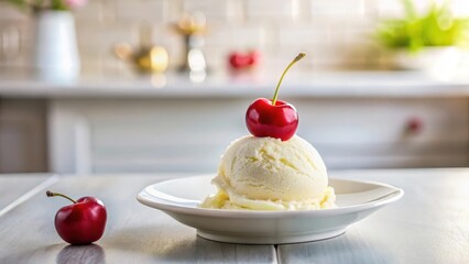 Scoop of creamy vanilla ice cream with a cherry topping on a white plate in a quiet kitchen