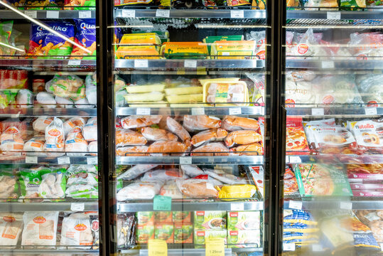 Bar, Montenegro, 22 August 2025, Refrigerator with frozen food in grocery store