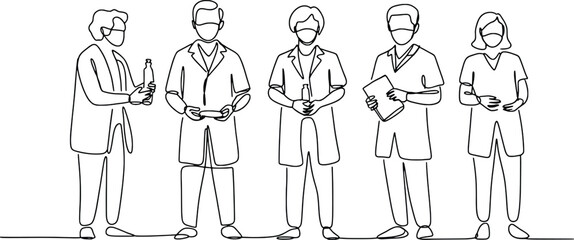 Five medical professionals standing together drawn in simple line sketch style