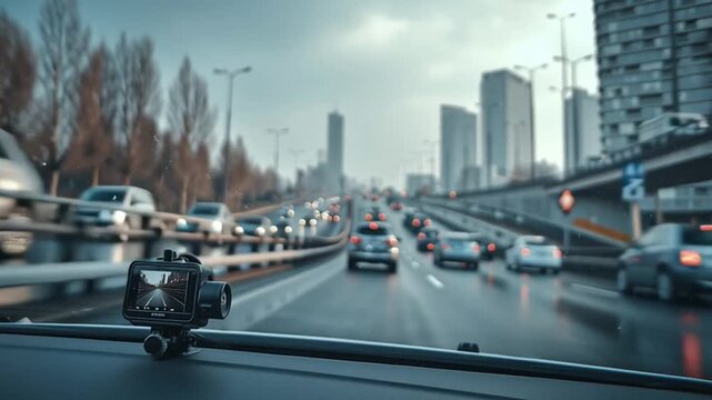 Traffic Monitoring Dashcam View: Capture the energy of city driving, a dashcam provides a window into the city's relentless rhythm, where cars navigate rain-slicked roads.