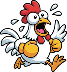 Flat vector illustration of a funny cartoon chicken running in panic, with wide eyes, flapping wings, and sweat drops flying