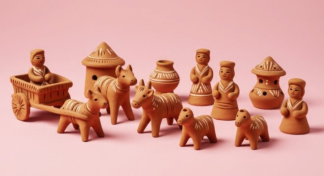 Collection of Pakistani terracotta figurines depicting various scenes and figures, arranged against a pink backdrop.