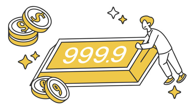 Man holding a large gold bar with 999 9 purity surrounded by gold coins and sparkling stars