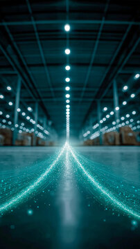Warehouse Innovation: A futuristic vision inside a modern warehouse, showcasing an array of resources and innovations in the sphere of logistics. With the implementation of smart technologies.