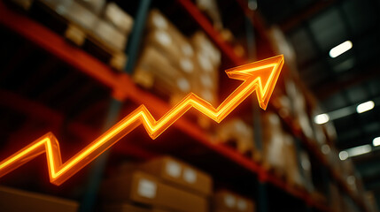 Warehouse Efficiency: An orange upward arrow overlays the shelves and goods in a warehouse. Emphasizing growth and progress. 