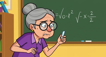 Cartoon depiction of a concerned teacher holding chalk near a chalkboard with a mathematical equation