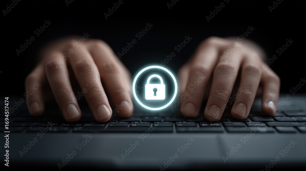 Aufkleber secure online privacy concept with hands typing on keyboard and lock icon representing data protecti