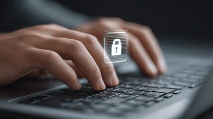 Hands typing on a laptop with a digital padlock symbol representing online security, cybersecurity, and privacy protection in a modern office environment