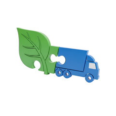 Eco-friendly logistics puzzle piece connects green leaf to blue delivery truck