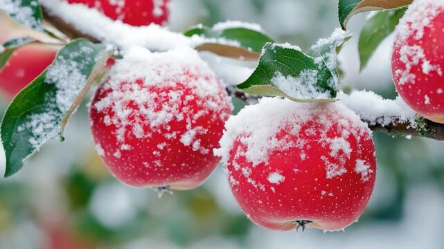 A branch of red apples covered in snow, a simple yet striking winter scene