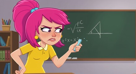 Cartoon illustration of a teacher with pink hair and chalkboard background