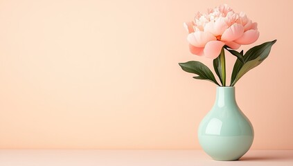 Fototapeta premium Photo of a pastel pink peony in an empty pale blue vase on the right side, against a plain light peach background