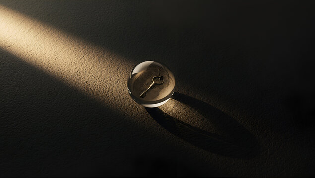 Discovering the solution, a mysterious antique key locked inside a transparent orb with dramatic lighting and deep shadows
