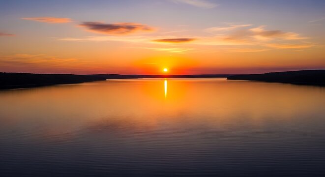 Sunset over calm lake water.