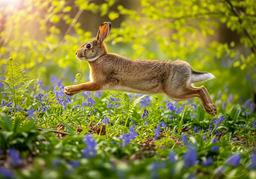A dynamic shot of a wild brown rabbit in mid-air, leaping through a sunlit forest field filled with bluebells.