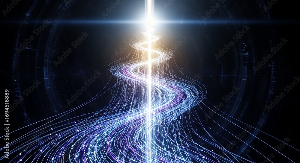 Aufkleber abstract digital trails with bright light at center on dark backdrop, concept for data visualization