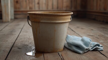 Naklejka premium Rustic bucket on wooden floor with water spill and cleaning cloth, capturing a vintage home cleaning scene in a cozy interior atmosphere
