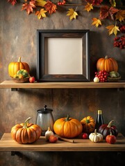 Dark wood shelf with empty black frame hangs above autumn decor on Thanksgiving table