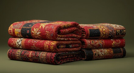 Stacked red and black patterned quilts, folded neatly on a muted olive green background.