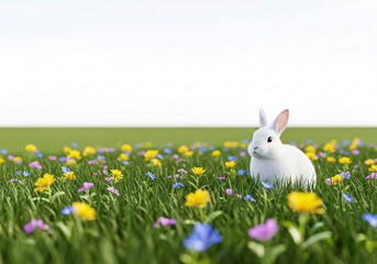 Fototapeta premium A cute white rabbit sits in a vibrant meadow of colorful wildflowers, set against a simple, clean background with ample copy space.