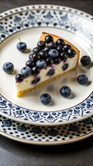 slice of blueberry cake with fresh blueberries on a decorative plate