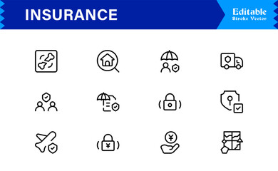Professional Insurance Line Icon Set Featuring Modern, Minimal, Unique Designs for Clear, Premium Visuals in Finance, Risk, and Protection Concepts