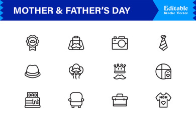 Mother And Father’s Day Line Icon Set – Modern Minimal Family Symbols, Parent Appreciation Line Icon Collection